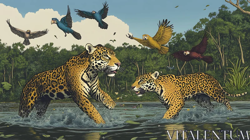 Jaguars and Birds in Jungle River AI Image