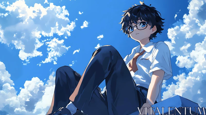 Serene Anime Boy on Rooftop with Blue Sky AI Image