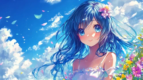 Anime Girl with Blue Hair and Flowers