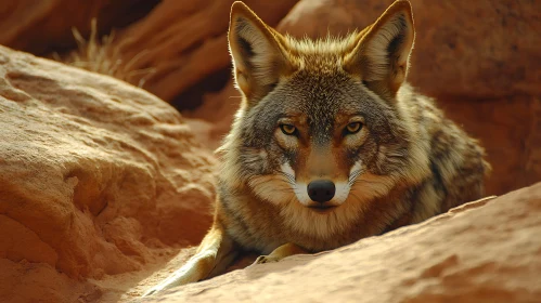 Resting Coyote Among the Rocks