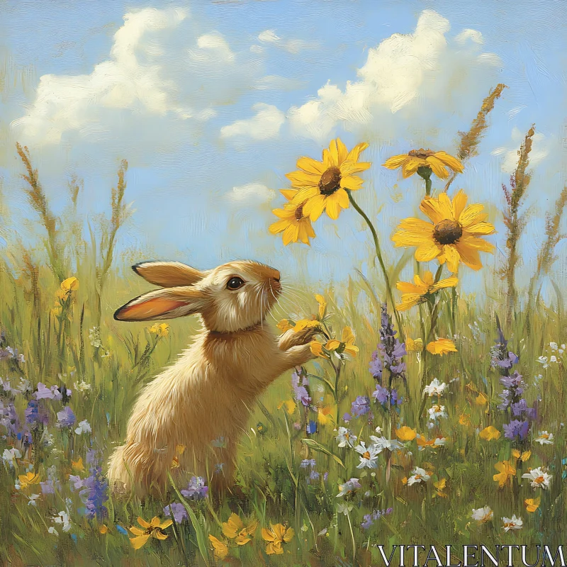 Bunny with Yellow Flowers Painting AI Image