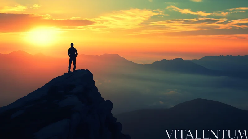 Man on Mountain Top at Sunset AI Image