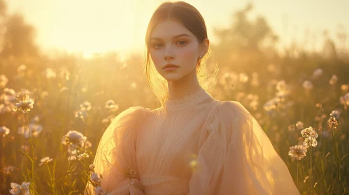 Sunlit Elegance: Woman in Flower Field