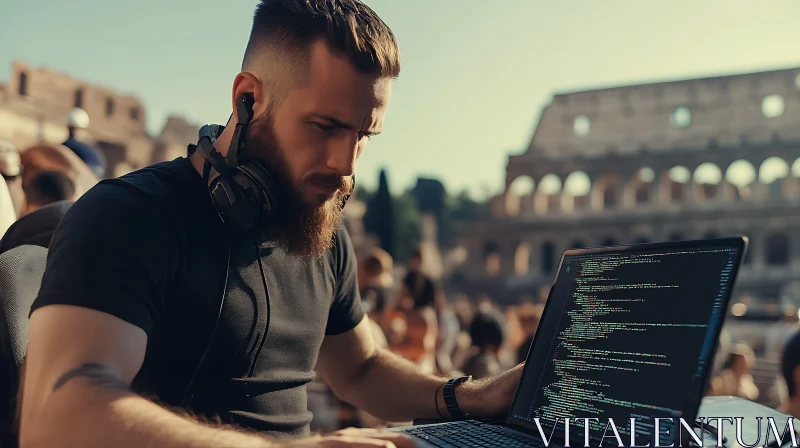 AI ART Man Coding in Rome near Colosseum