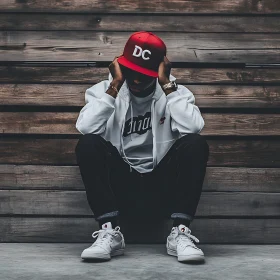 Man in Hoodie Against Wooden Wall