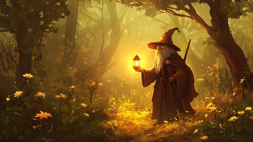Enchanted Forest Wizard with Glowing Lantern
