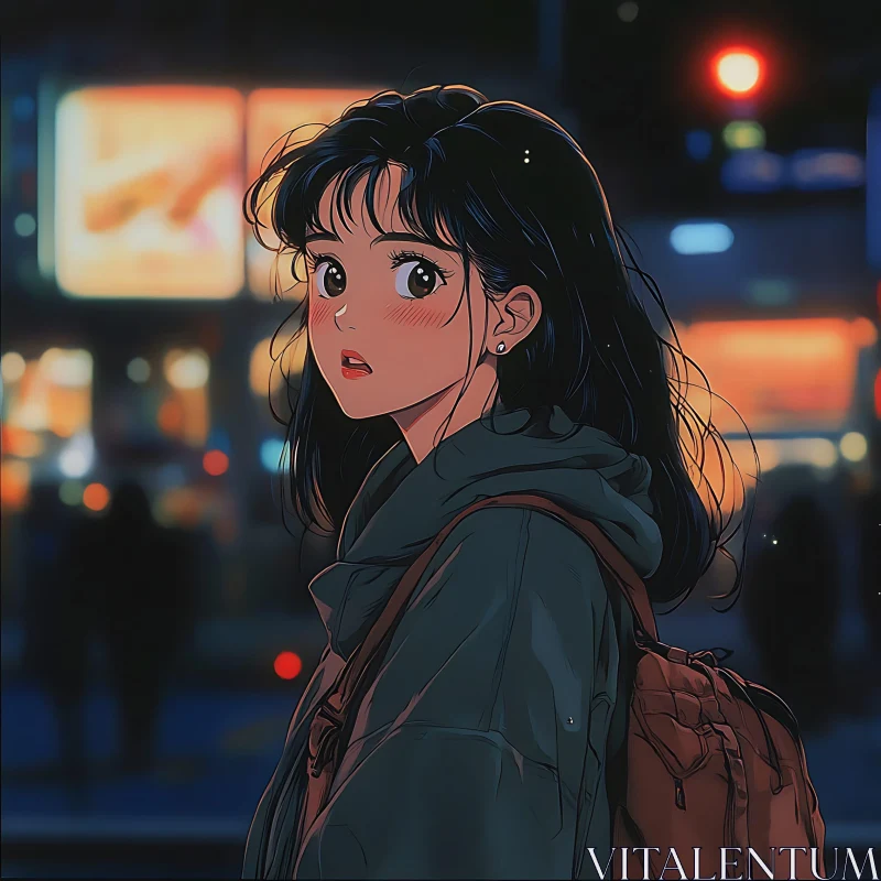 Night City Anime Girl with Dark Hair AI Image