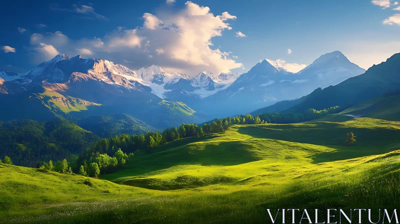 AI ART Green Hills and Snow-Capped Mountain View