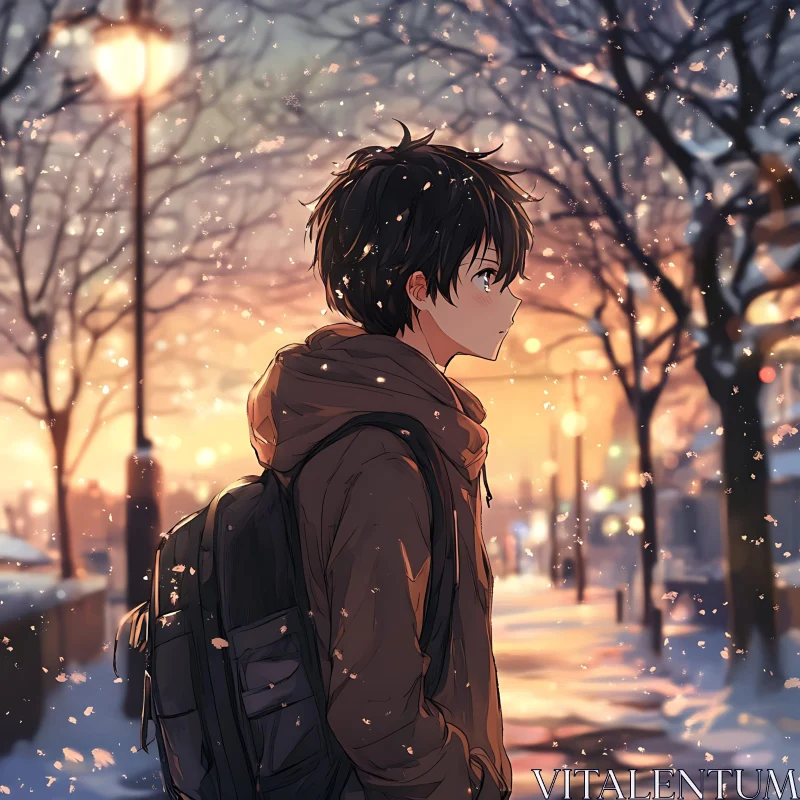 Winter Street Scene with Boy AI Image