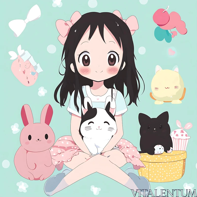 Kawaii Anime Girl and Playful Animals Illustration AI Image