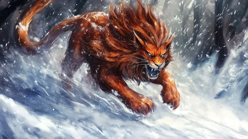 Orange Lion in Snowy Woods Illustration