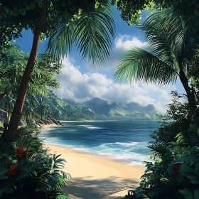 Secluded Beach with Palm Trees and Mountains