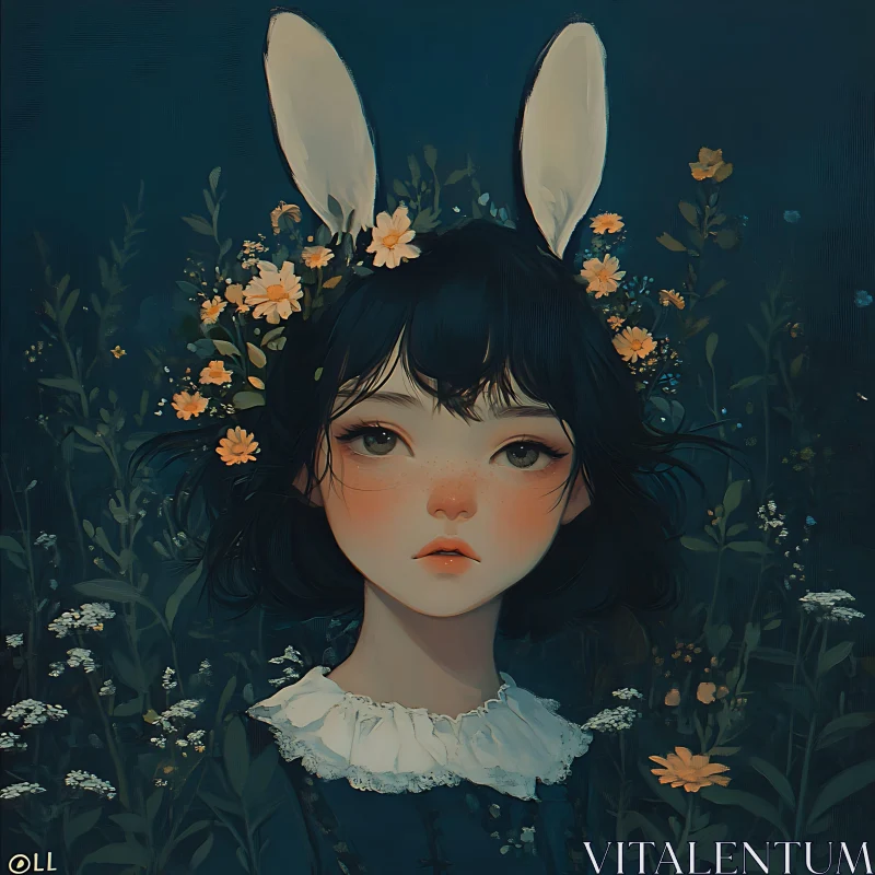 Dreamy Floral Bunny Girl Portrait AI Image