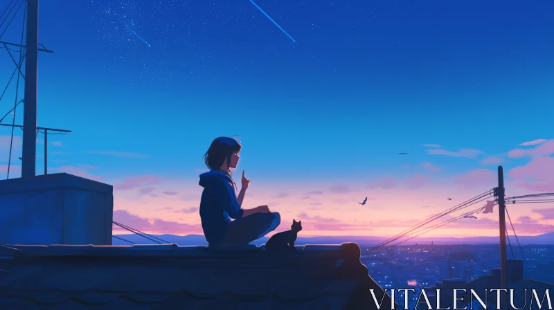 Sunset Rooftop Scene with Cat and Anime Girl AI Image