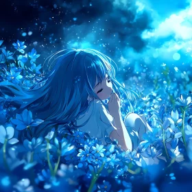 Peaceful Anime Girl Amidst Blue Flowers