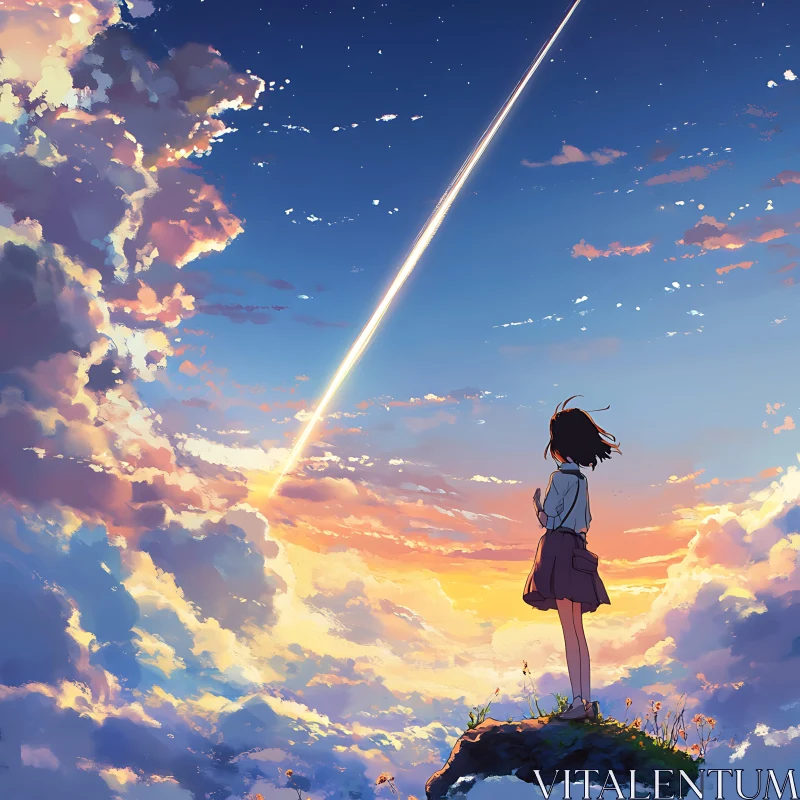 Anime Scene with Girl and Shooting Star AI Image