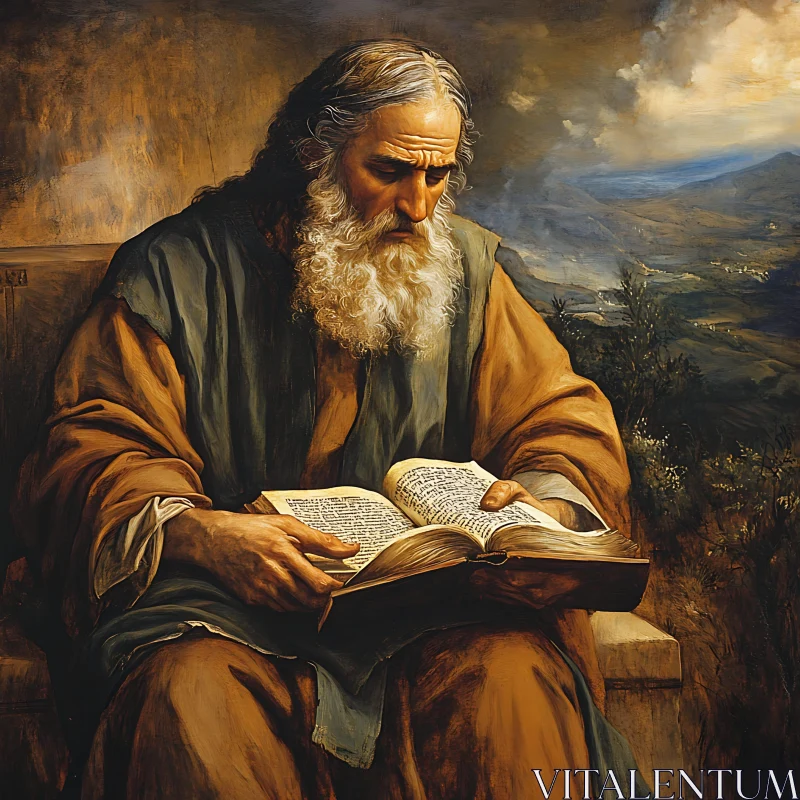 Old Man Reading Book with Landscape AI Image