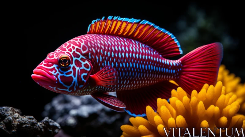 Vivid Underwater Exploration: Colorful Fish Navigates Dark Coral Reef AI Image
