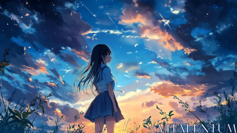 Serene Anime Sunset with Girl Silhouette AI Image