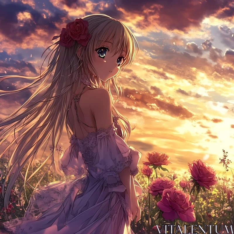 Young Woman in Flower Field During Sunset - Anime Art AI Image