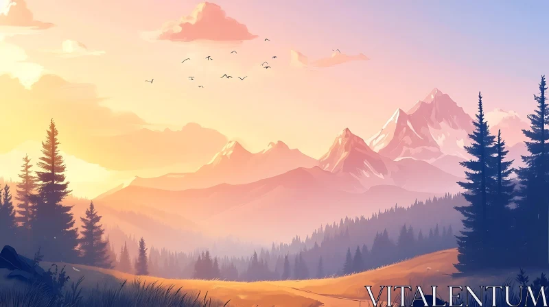 Serene Mountain Vista with Pastel Sky AI Image