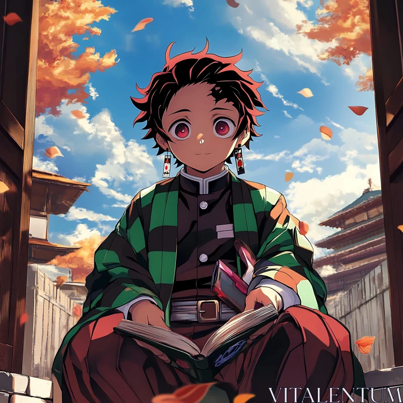 Autumn Reading: Anime Character in Traditional Setting AI Image