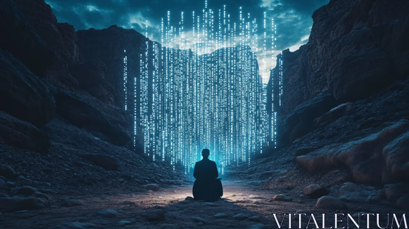 Person Meditating Under Digital Rain AI Image