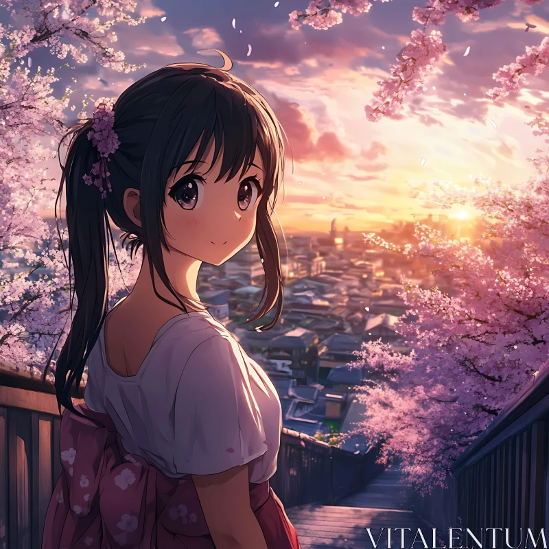 Serene Sunset with Anime Girl and Blossoms AI Image