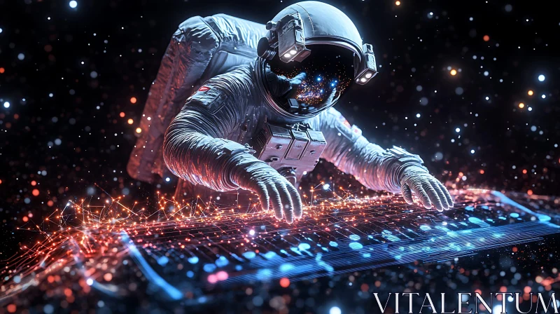 AI ART Space Music: Astronaut and Glowing Keyboard