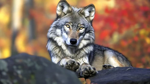 Resting Wolf in Fall Landscape