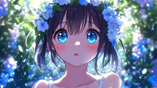 Surprised Anime Girl with Floral Wreath