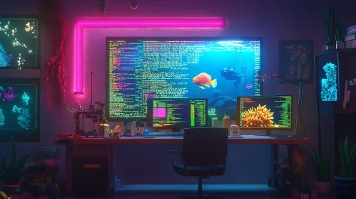 Workspace with Neon and Aquatic Ambiance