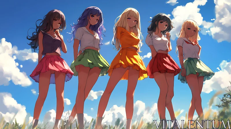 Anime Girls in Colorful Skirts Under a Blue Sky AI Image