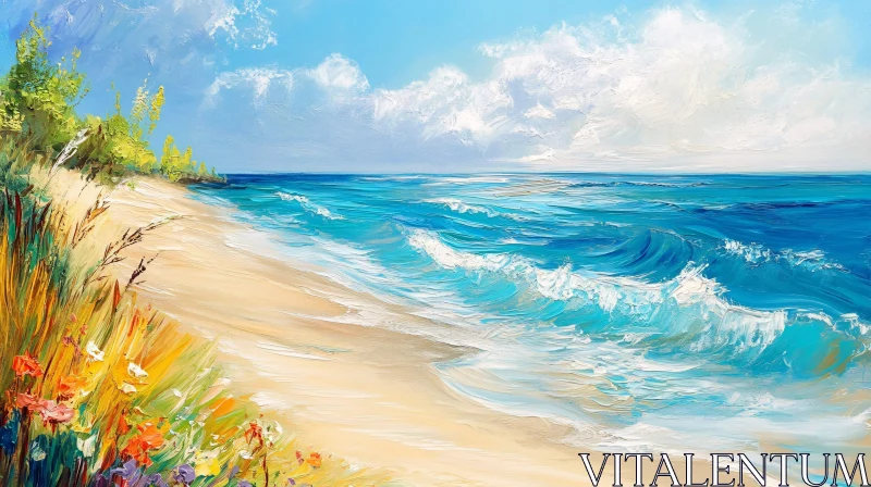 AI ART Coastal Scene with Flowers and Gentle Waves