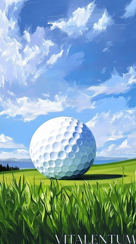 Surreal Golf Ball in a Lush Green Field Under Blue Sky , AI AI Image