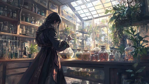 Potion Brewing in a Sunlit Greenhouse