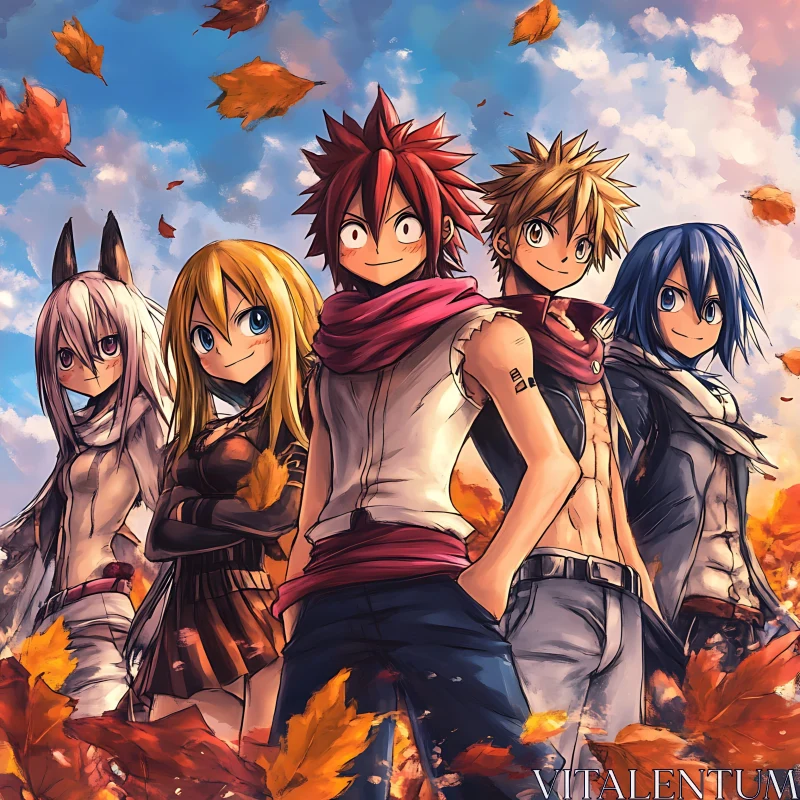 Group of Anime Characters in Fall Foliage AI Image