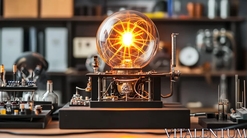 Glowing Bulb on Steampunk Device AI Image