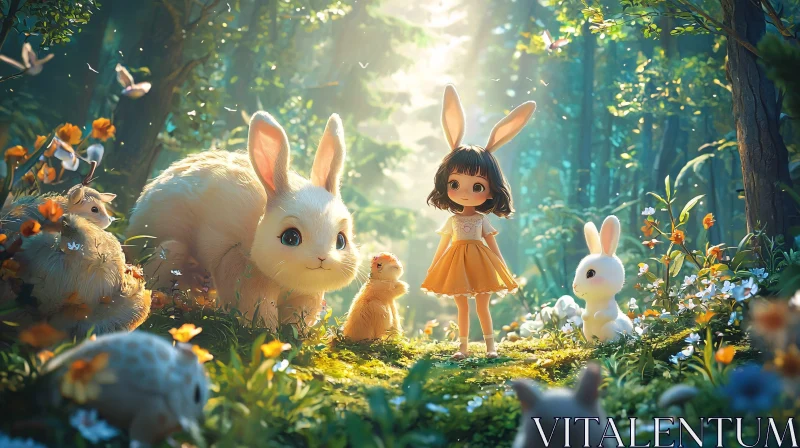 Whimsical Forest Scene with Bunnies AI Image