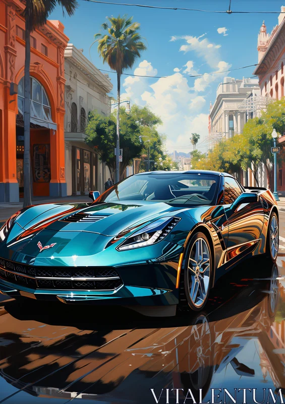 AI ART Turquoise Sports Car in Urban Cityscape