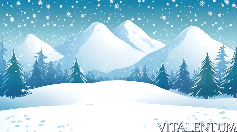 Snowy Mountain Landscape with Evergreen Trees AI Image