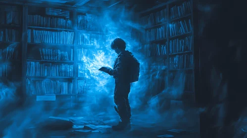 Boy Reading Magic Book in Library