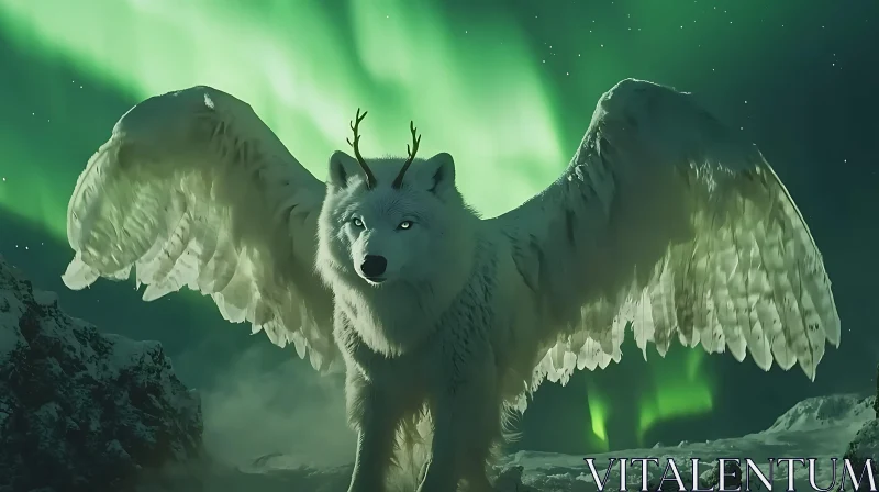 AI ART Mystical Winged Wolf in Aurora Borealis