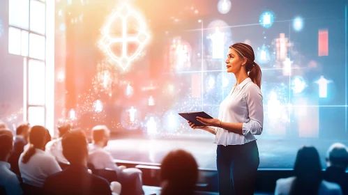 Woman Presenting Tech in Glowing Light