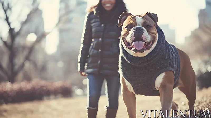 Happy Bulldog in Sweater Strolling in an Urban Park AI Image