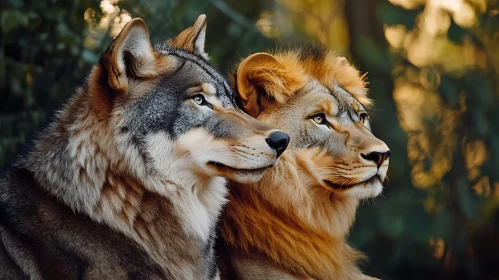 Portrait of Lion and Wolf Together