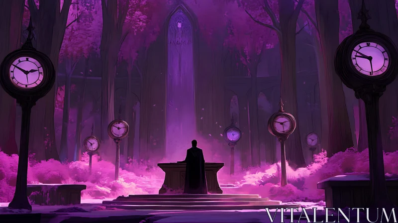 AI ART Mystical Purple Forest with Ancient Clocks