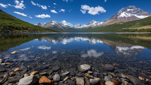 Serene Mountain Lake with Reflective Waters and Rocky Shoreline