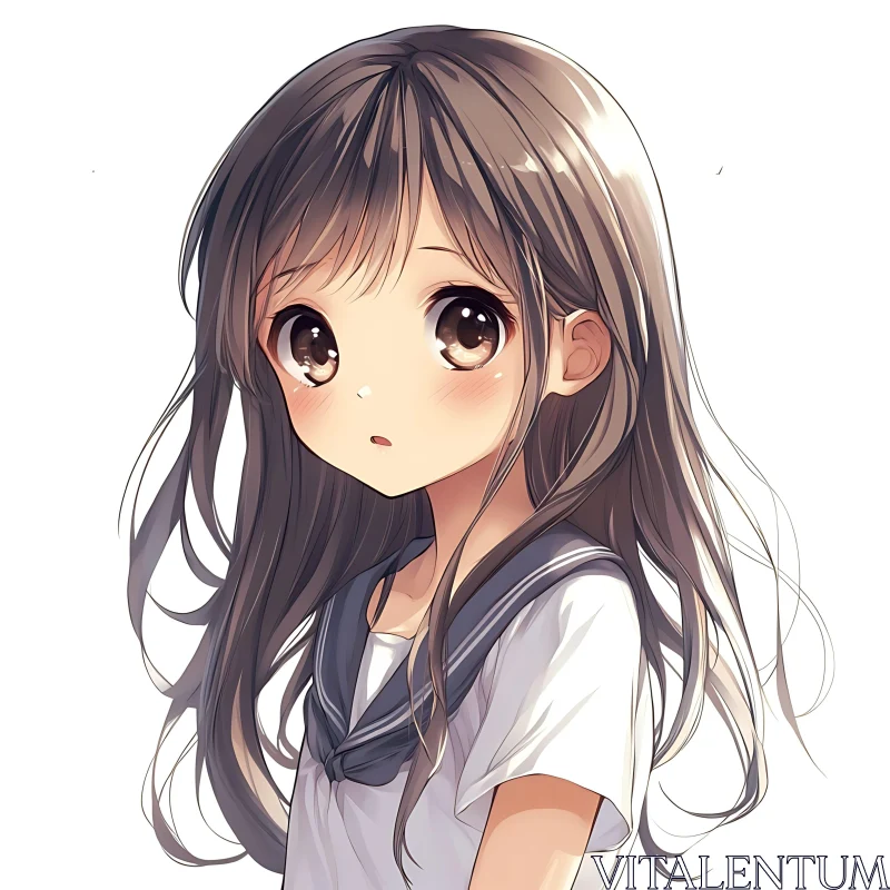 Anime Schoolgirl Illustration with Long Hair and Big Eyes AI Image