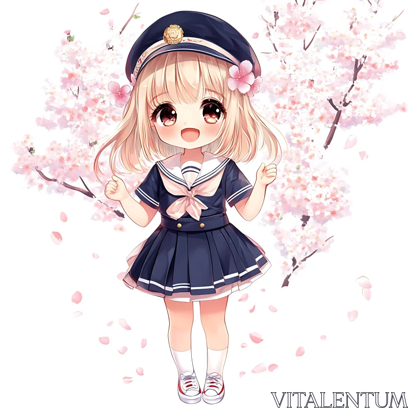 Kawaii Anime Girl with Cherry Blossoms AI Image